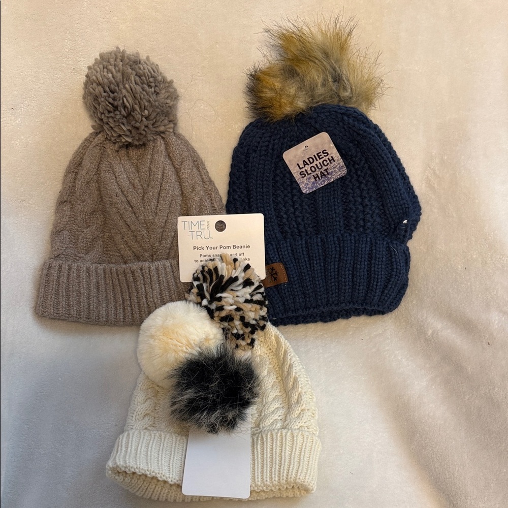 Pom Beanie Trio - Brown, Navy, Cream